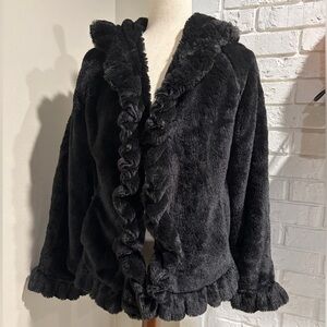 Damselle Black Plush Faux Fur Ruffle Jacket